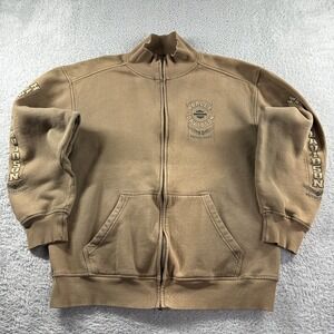 Harley Davidson Sweater Mens XL Brown‎ Tan Y2K Full Zip Bomber Sleeve Hits